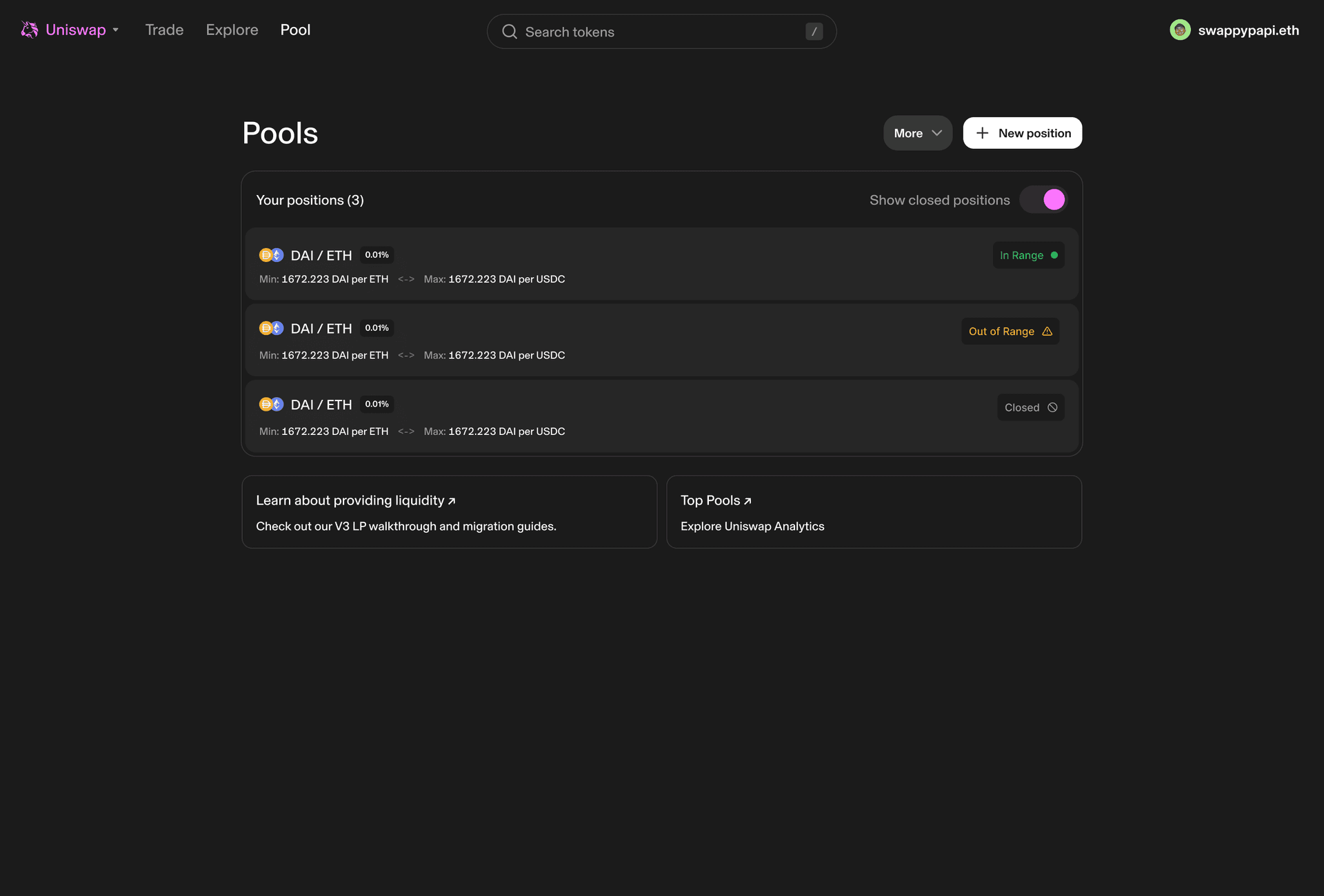 Positions page before redesign